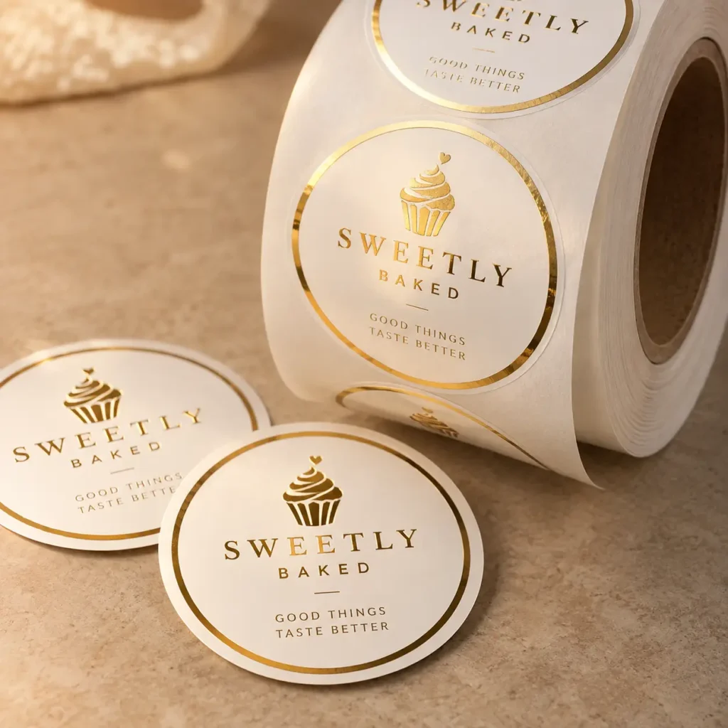 White and gold foil custom bakery sticker roll for Sweetly Baked brand featuring cupcake logo and elegant circular label design