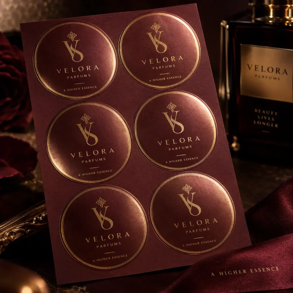 Velora Parfums luxury gold foil sticker sheet on burgundy background with perfume bottle, A Higher Essence branding