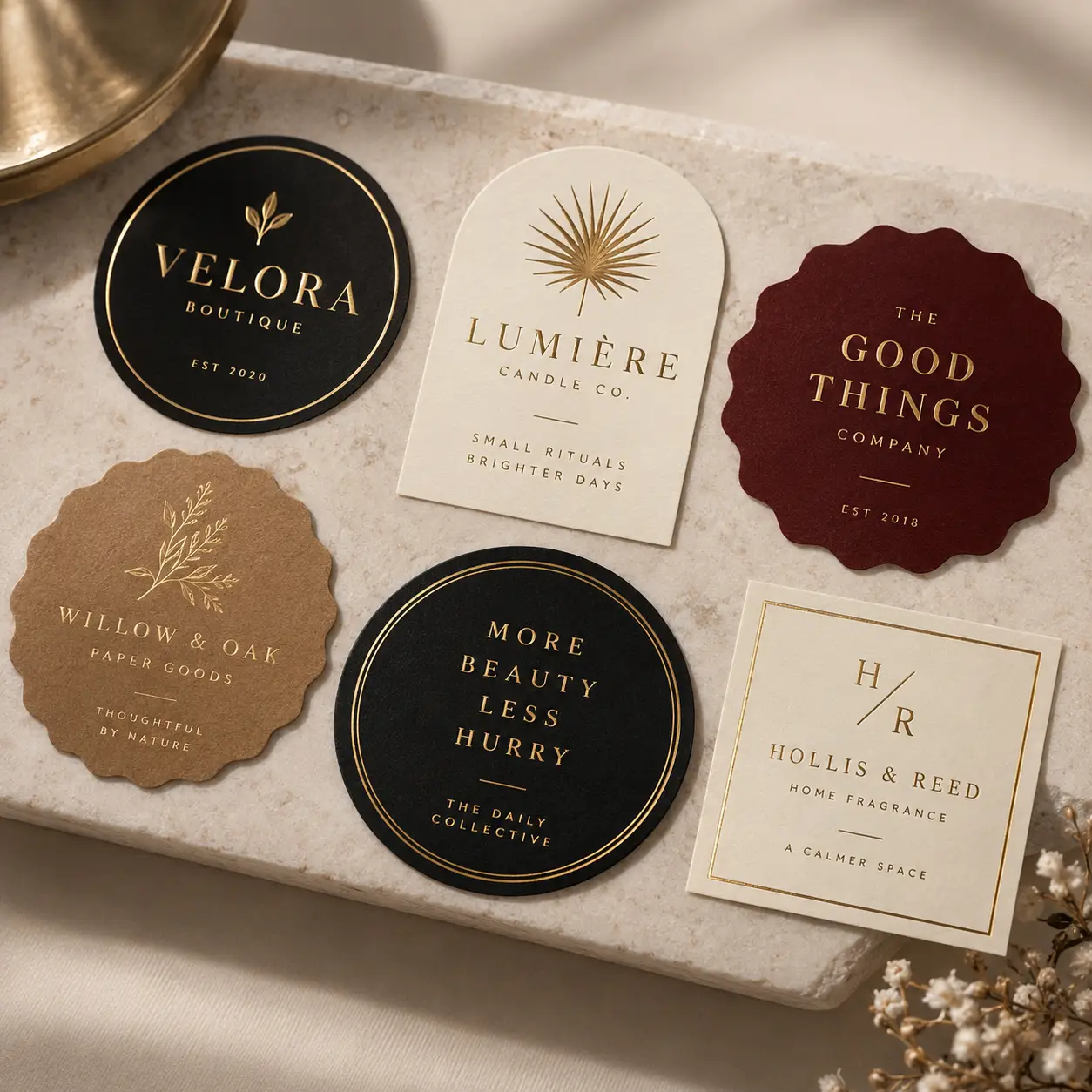 Six luxury brand stickers with gold foil text on black, cream, burgundy, and kraft paper displayed on marble tray