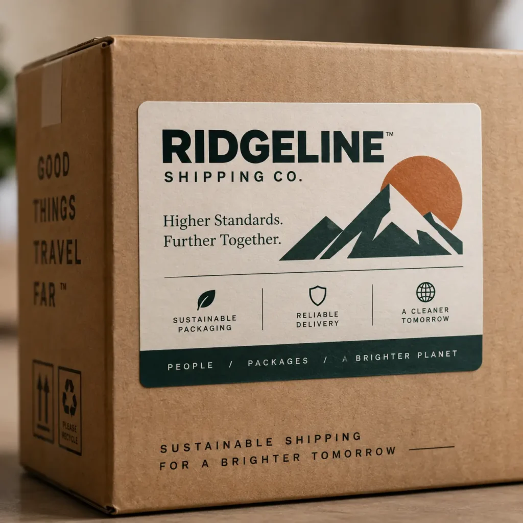 Ridgeline Shipping Co. branded kraft cardboard box with eco-friendly label featuring mountain logo, sustainable packaging design, warm tones