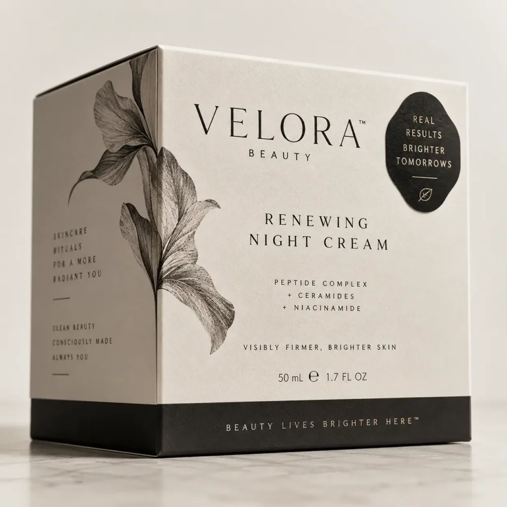 Velora Beauty Renewing Night Cream luxury skincare box packaging, cream and black tones, botanical illustration, marble surface