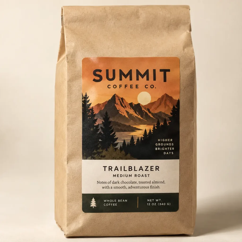 Summit Coffee Co. Trailblazer medium roast whole bean coffee bag, kraft paper packaging with mountain sunset label, 12oz