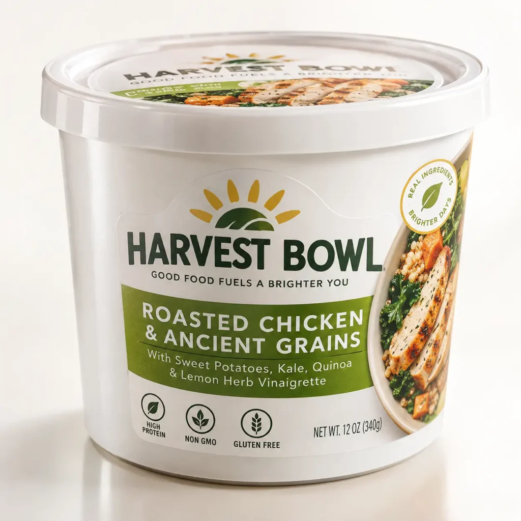 Harvest Bowl Roasted Chicken & Ancient Grains meal packaging, white container, green label, high protein gluten-free frozen meal, 12oz