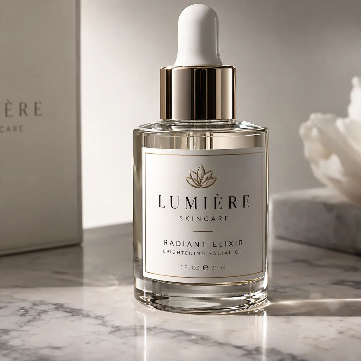 Lumière Skincare Radiant Elixir 30ml facial oil dropper bottle with gold cap on white marble, luxury cosmetic packaging design