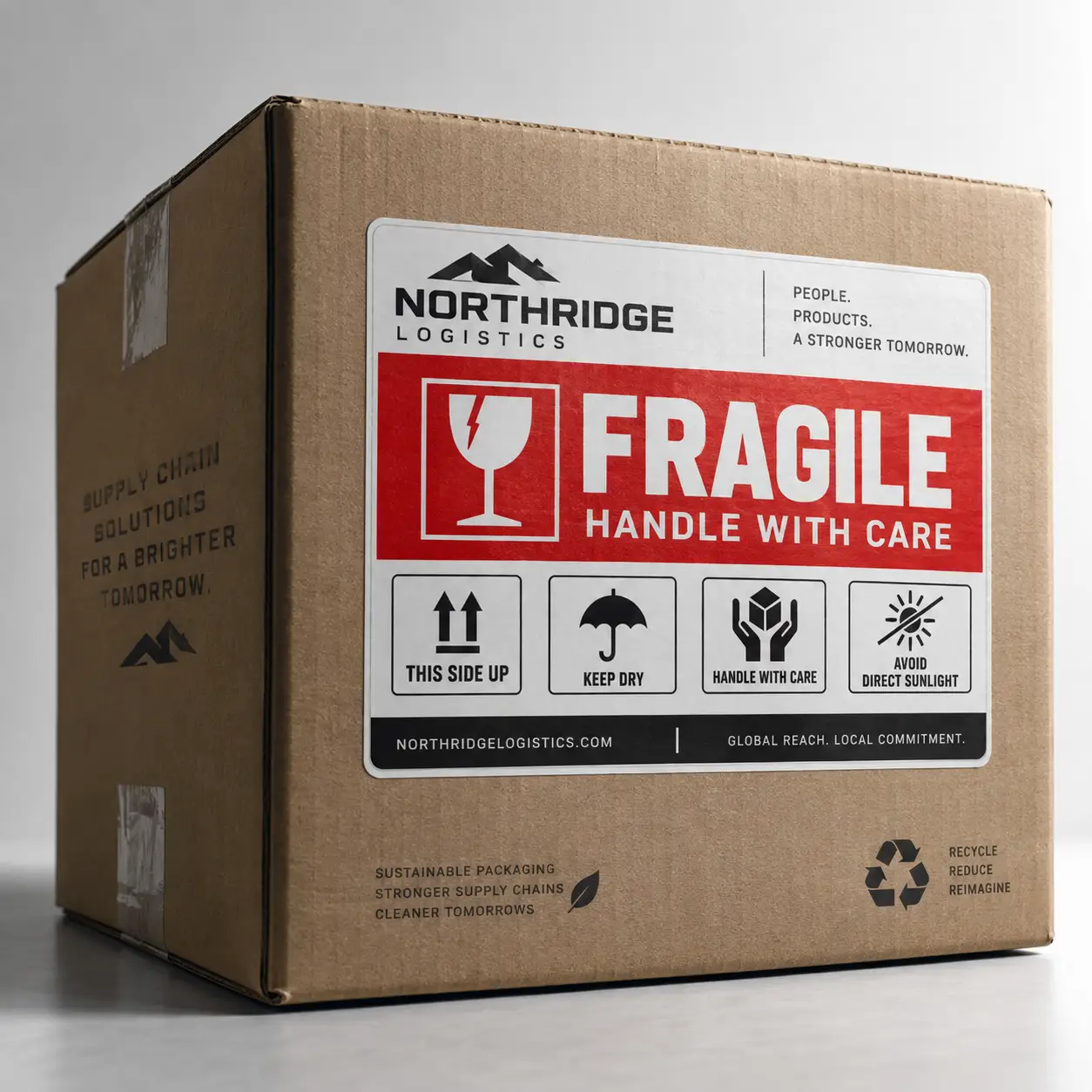 Northridge Logistics fragile handle with care shipping label on brown cardboard box with keep dry and this side up icons