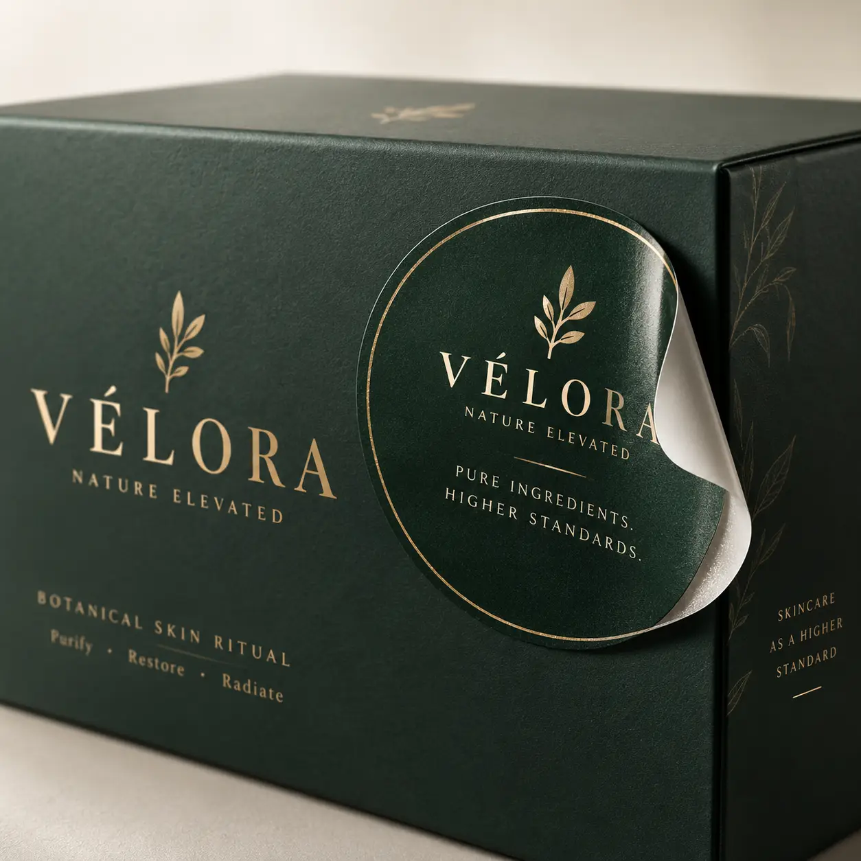 Luxury dark green skincare box with gold foil Vélora branding and circular sticker seal, botanical skin ritual packaging design