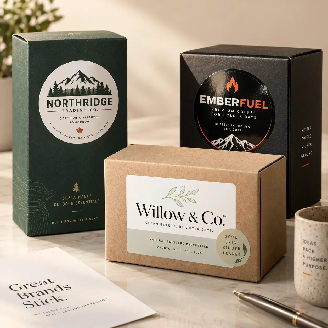 Three custom product label boxes on marble surface — green outdoor, black coffee, kraft skincare packaging designs