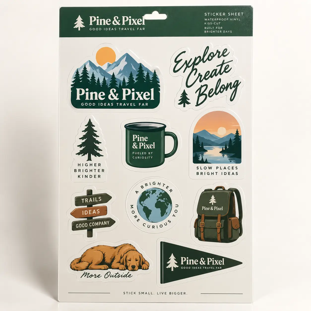 Pine & Pixel green sticker sheet with outdoor nature stickers, mountains, backpack, globe, and golden retriever on white packaging