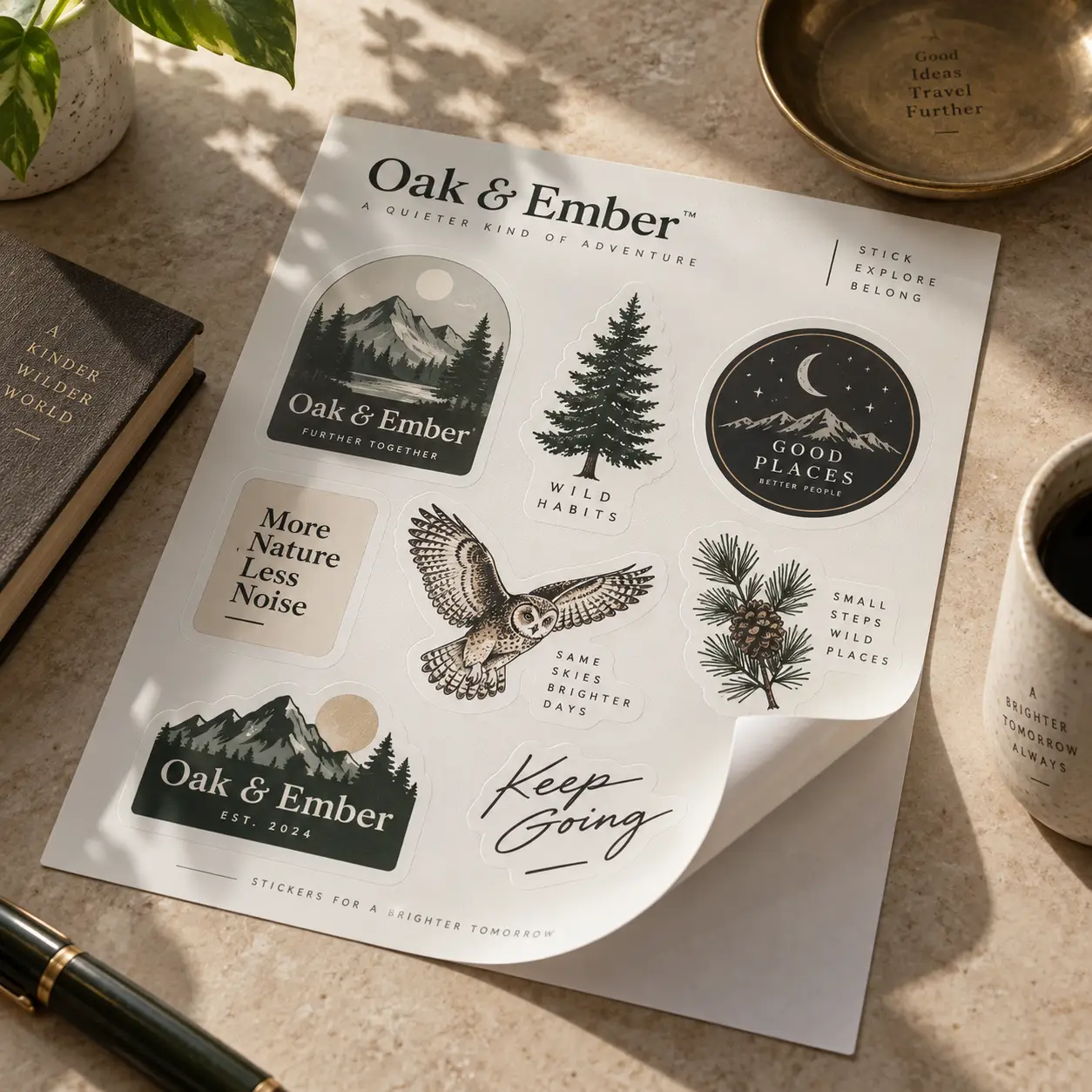 Oak & Ember sticker sheet with nature-themed designs: owl, pine tree, mountains, and motivational quotes on beige surface