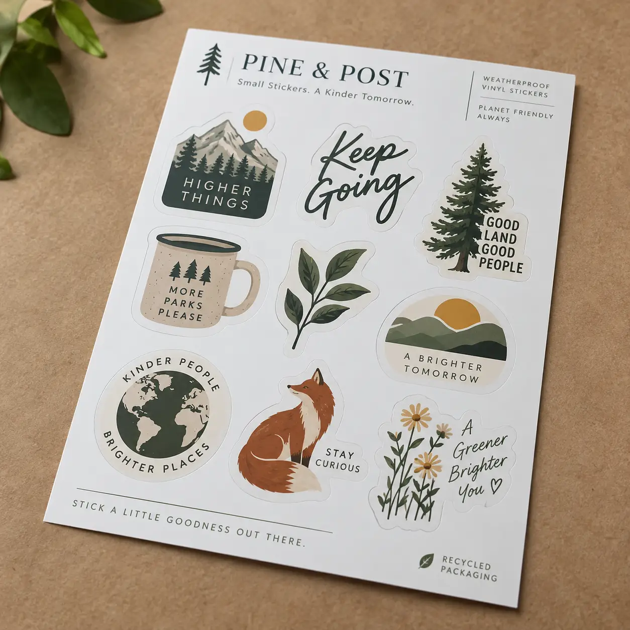 Pine & Post nature sticker sheet with fox, mountains, pine tree, globe, and floral vinyl stickers on recycled packaging