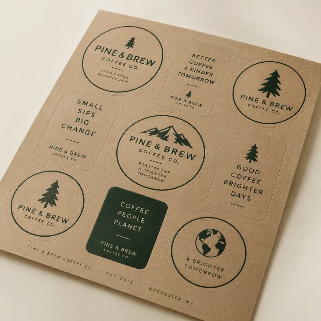 Kraft paper sticker sheet with 9 green Pine & Brew Coffee Co. branded stickers featuring pine trees, mountains, and eco slogans