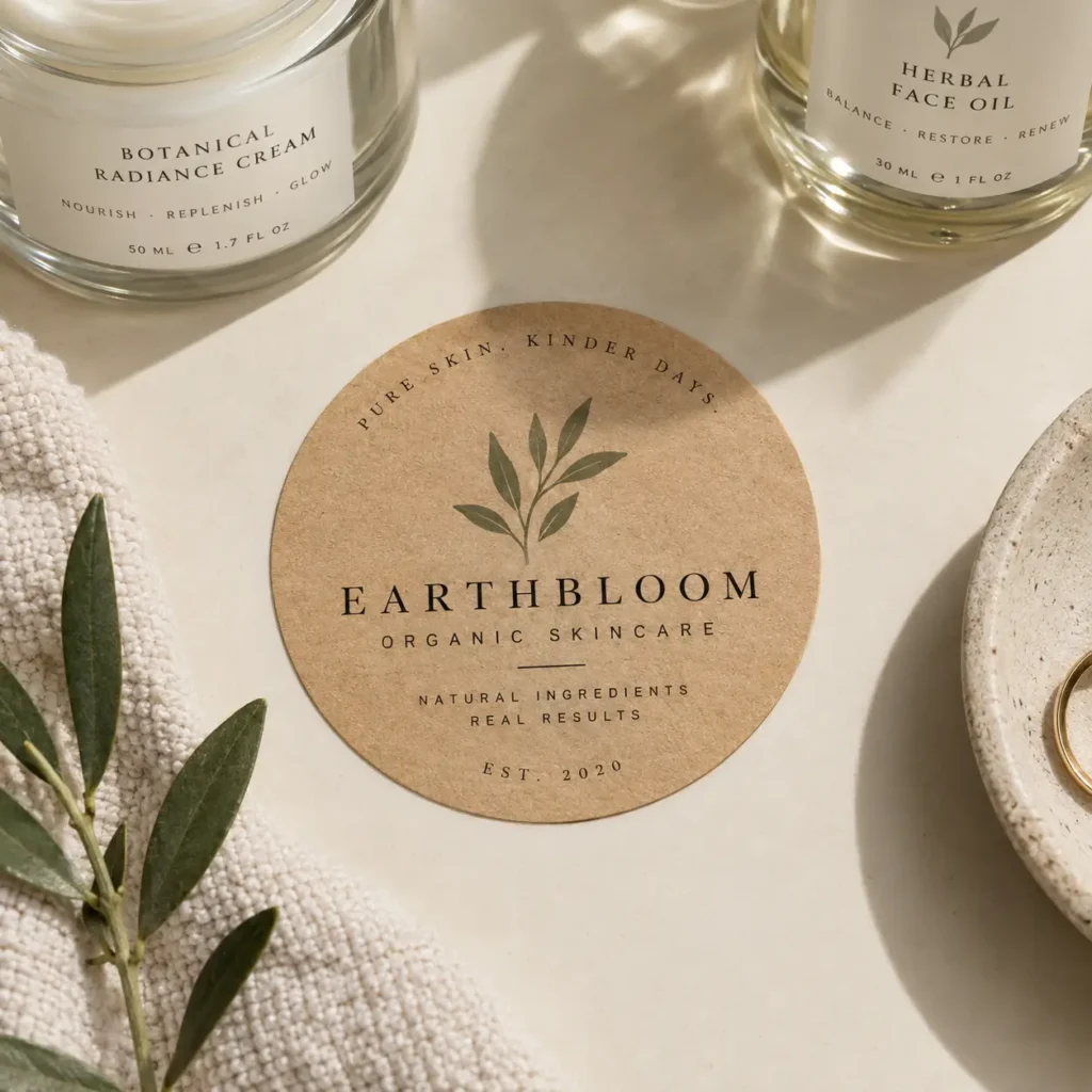 Earthbloom organic skincare kraft paper round label beside botanical radiance cream jar and herbal face oil on beige surface