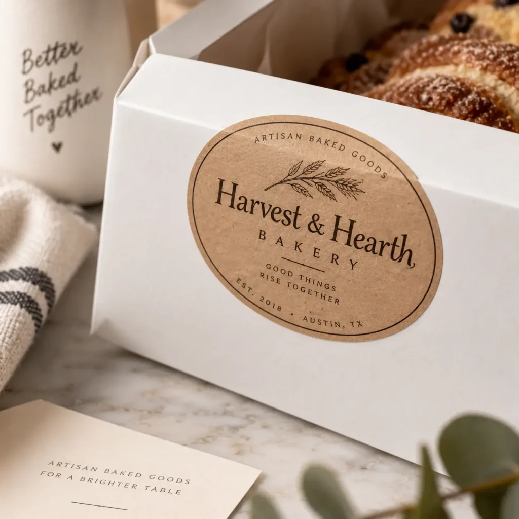 Kraft oval bakery label on white pastry box reading Harvest & Hearth Bakery Austin TX, custom food packaging with artisan branding