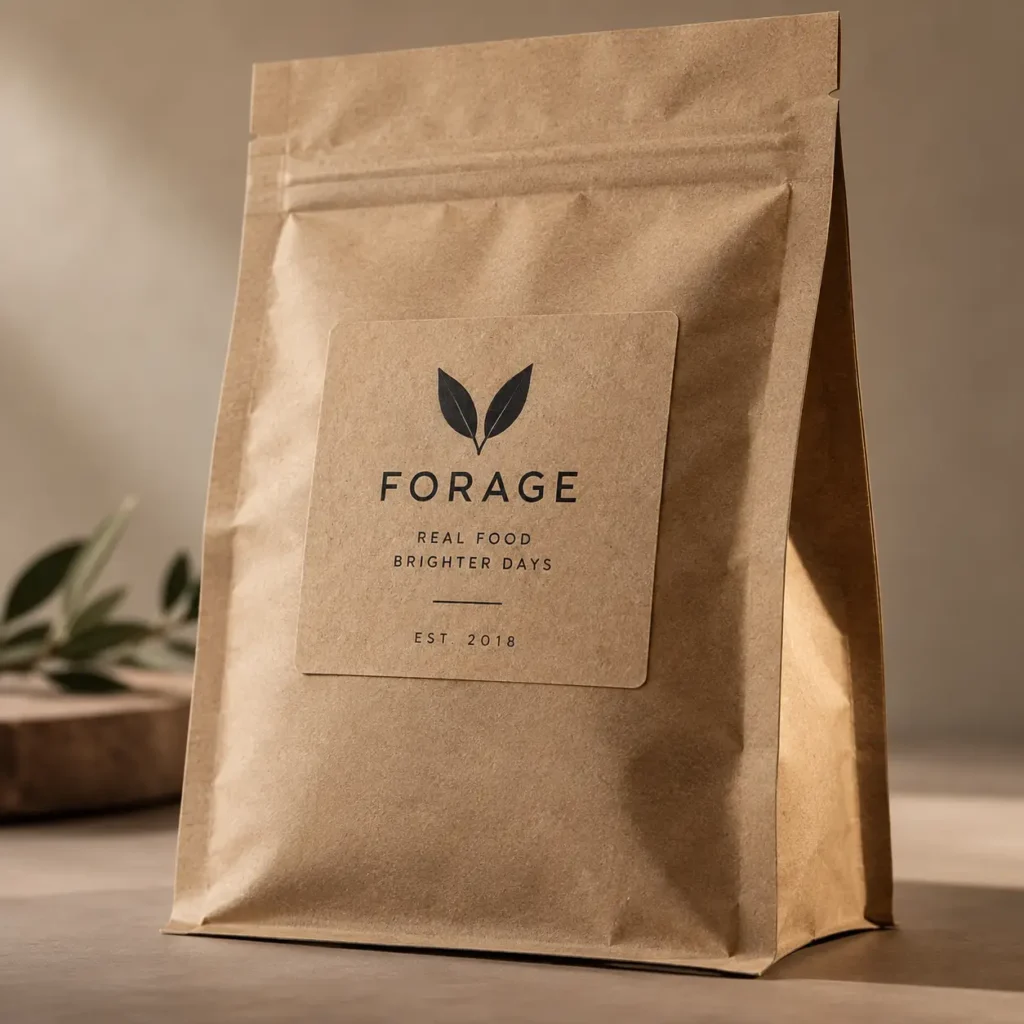 Kraft paper resealable bag with Forage Real Food brighter days EST 2018 logo, natural brown eco-friendly food packaging design