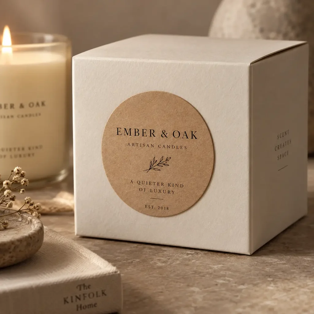 Ember & Oak artisan candle white gift box with kraft round label, warm candlelight, minimalist luxury packaging design