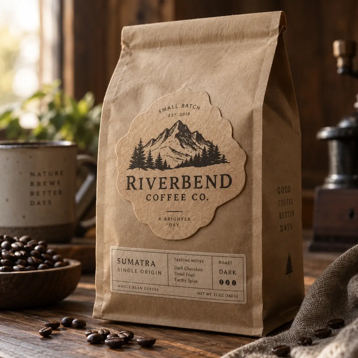 Kraft paper coffee bag packaging design for Riverbend Coffee Co. Sumatra dark roast, rustic wooden background with scattered beans