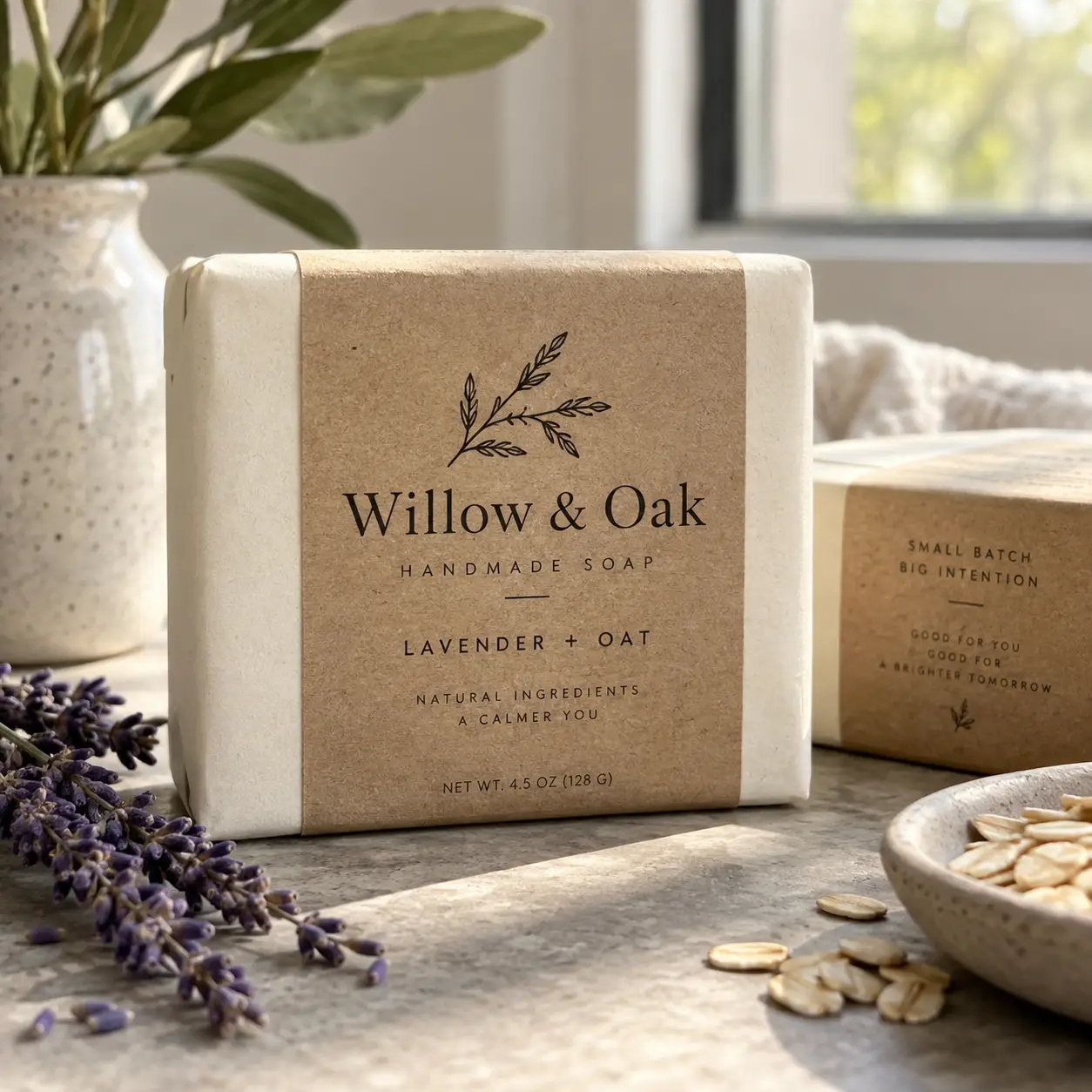Willow & Oak lavender oat handmade soap kraft paper packaging beside purple lavender sprigs and oats on marble surface