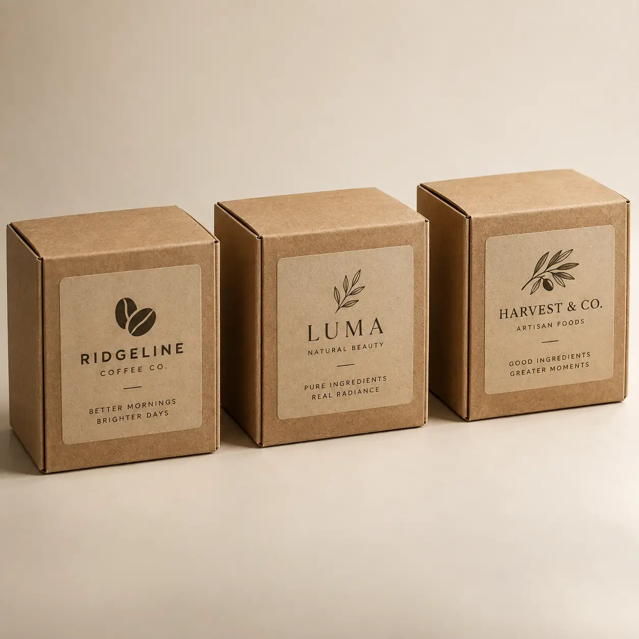 Three kraft brown custom product boxes with printed labels for Ridgeline Coffee Co., Luma Natural Beauty, and Harvest & Co. artisan food packaging