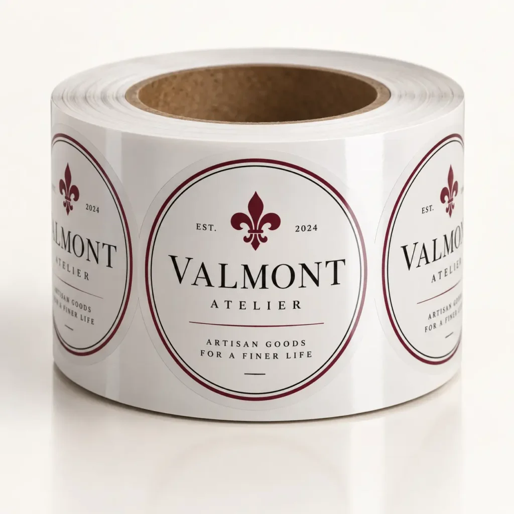 Roll of white custom round stickers featuring Valmont Atelier burgundy fleur-de-lis logo, EST. 2024, artisan goods branding labels