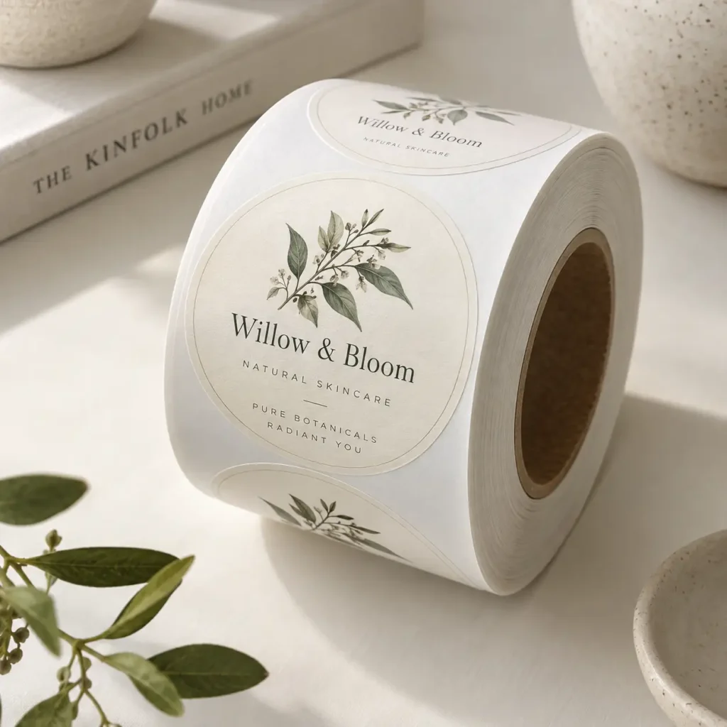 Round white custom sticker roll for Willow & Bloom Natural Skincare, botanical design, beige tones, elegant product label printing