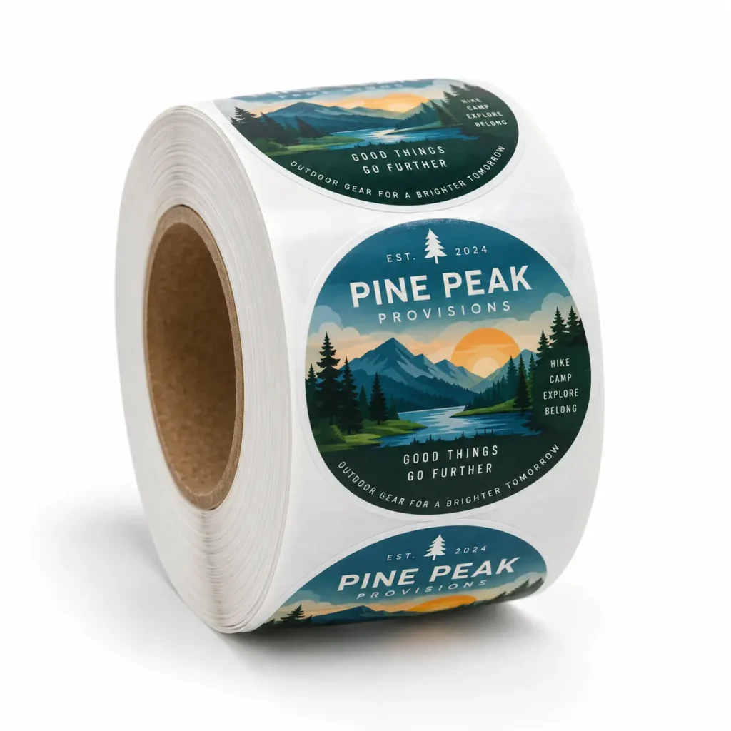 Round custom sticker roll featuring Pine Peak Provisions outdoor brand, teal mountain landscape, sunset, pine trees, white text
