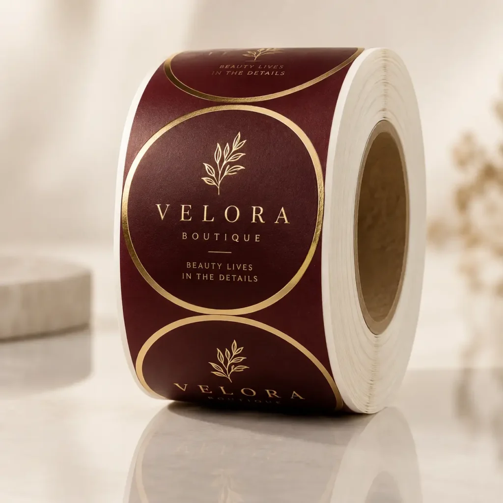 Roll of custom burgundy and gold foil round stickers for Velora Boutique with elegant botanical logo design