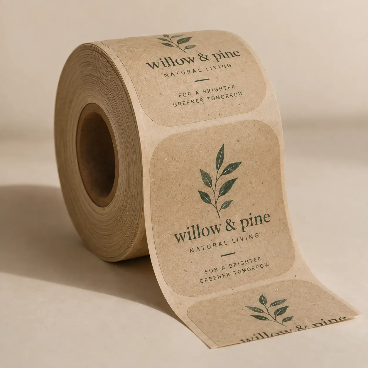 Kraft paper roll stickers with green botanical logo for Willow & Pine Natural Living brand, eco-friendly custom label printing