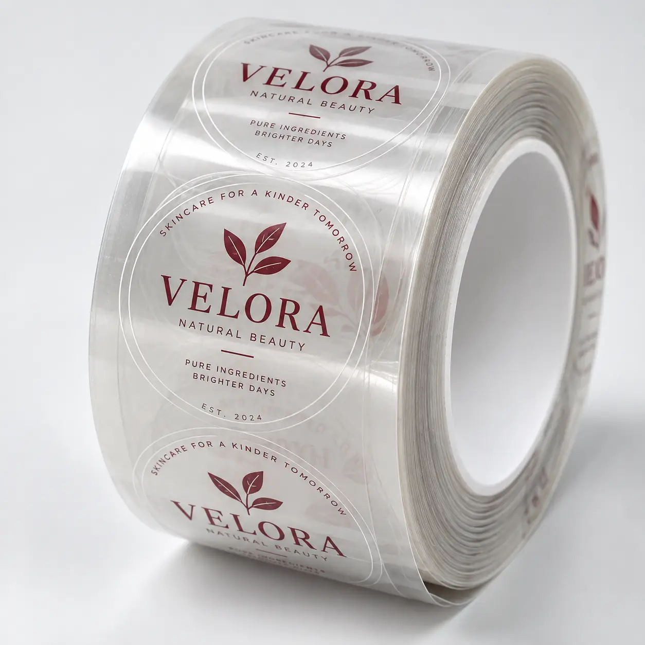 Roll of clear transparent custom stickers featuring burgundy Velora Natural Beauty logo design on white background