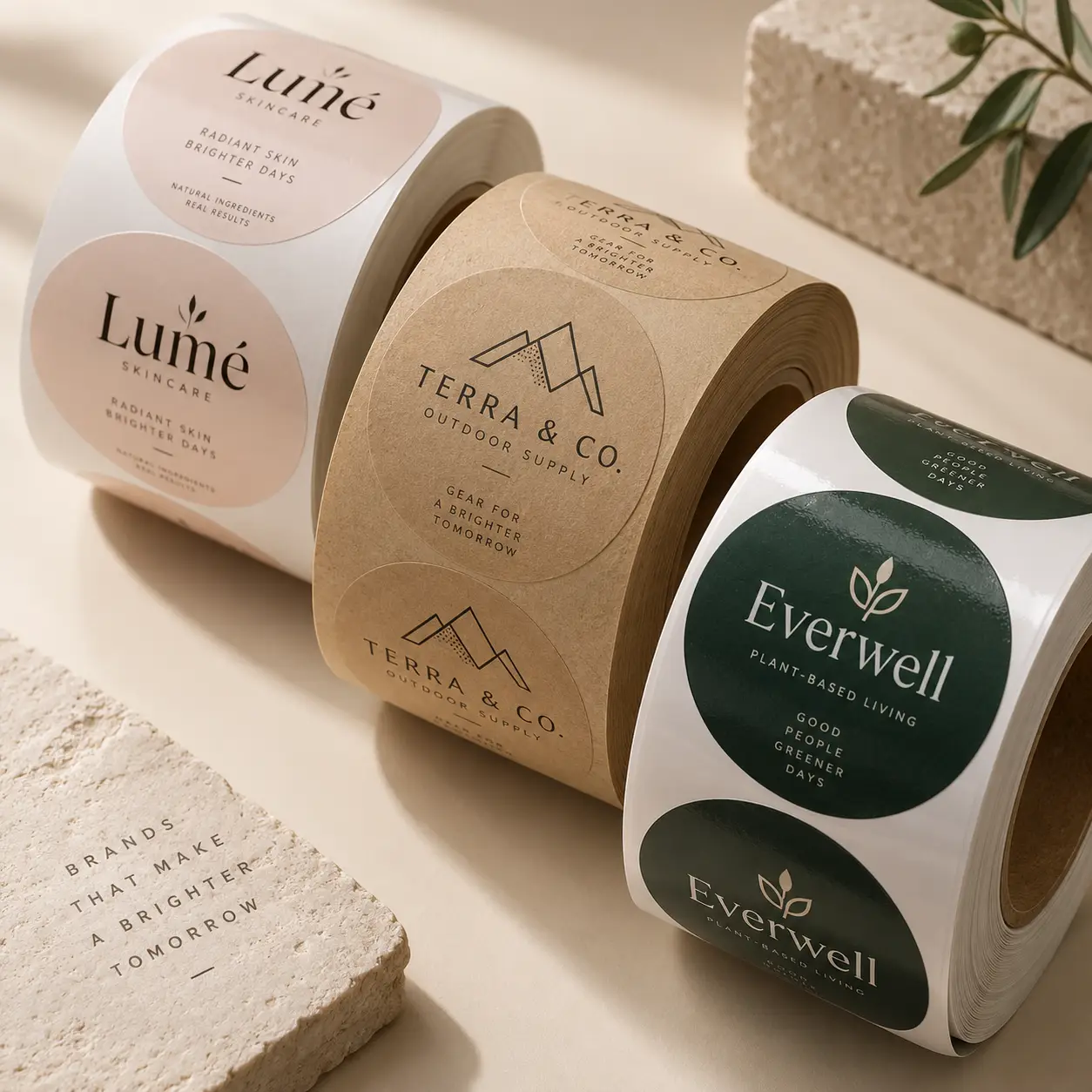 Three custom brand sticker label rolls in blush, kraft, and forest green displayed on beige surface with natural styling