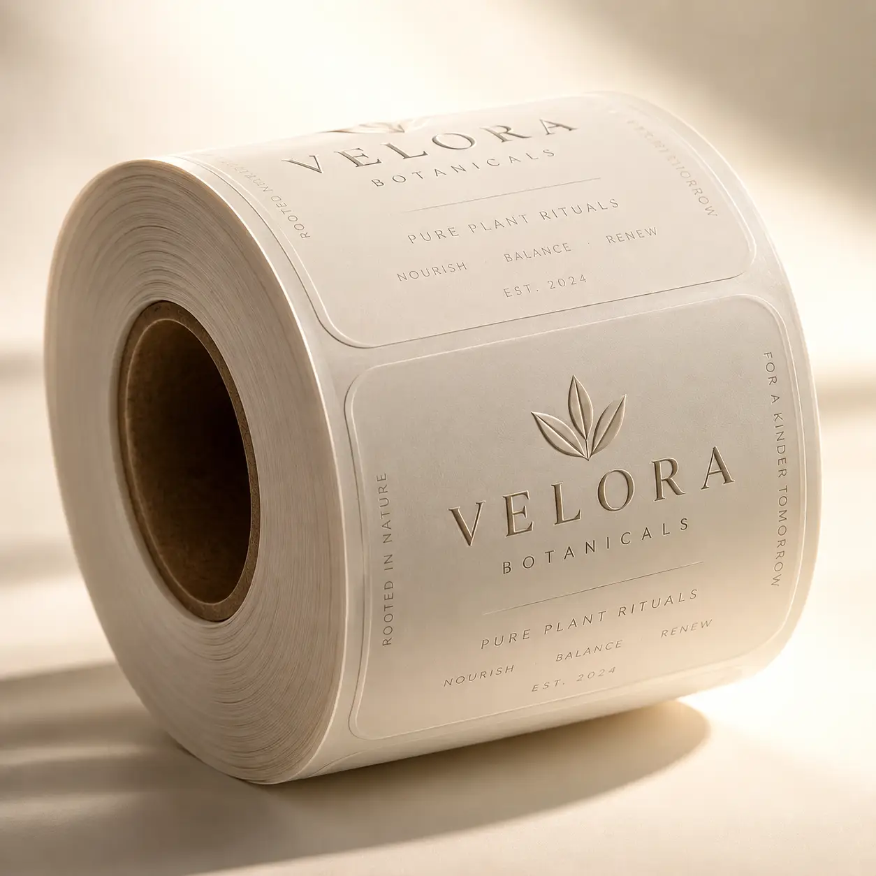 Cream custom label roll for Velora Botanicals skincare, embossed botanical logo, elegant minimalist packaging design in warm neutral tones