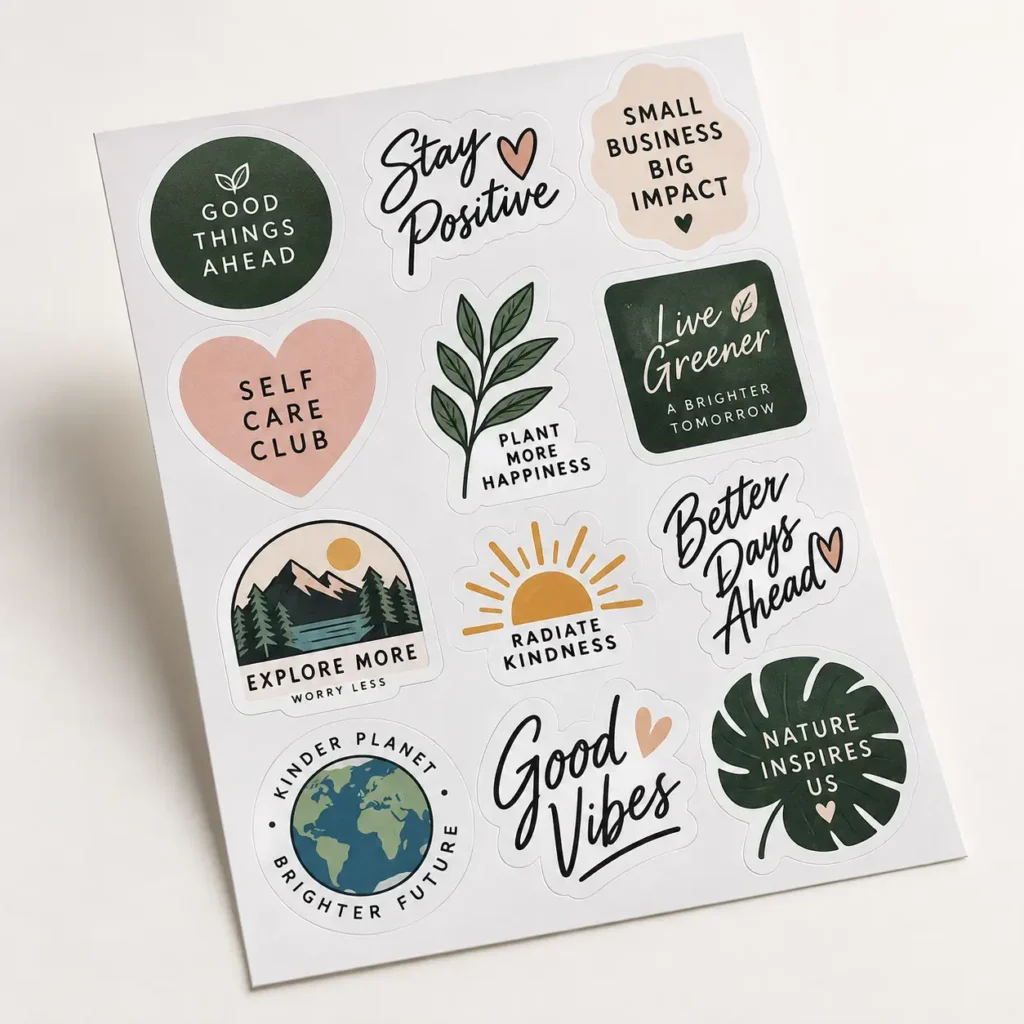 Motivational sticker sheet with green, pink nature themes featuring Good Vibes, Stay Positive, and Self Care Club custom printed stickers