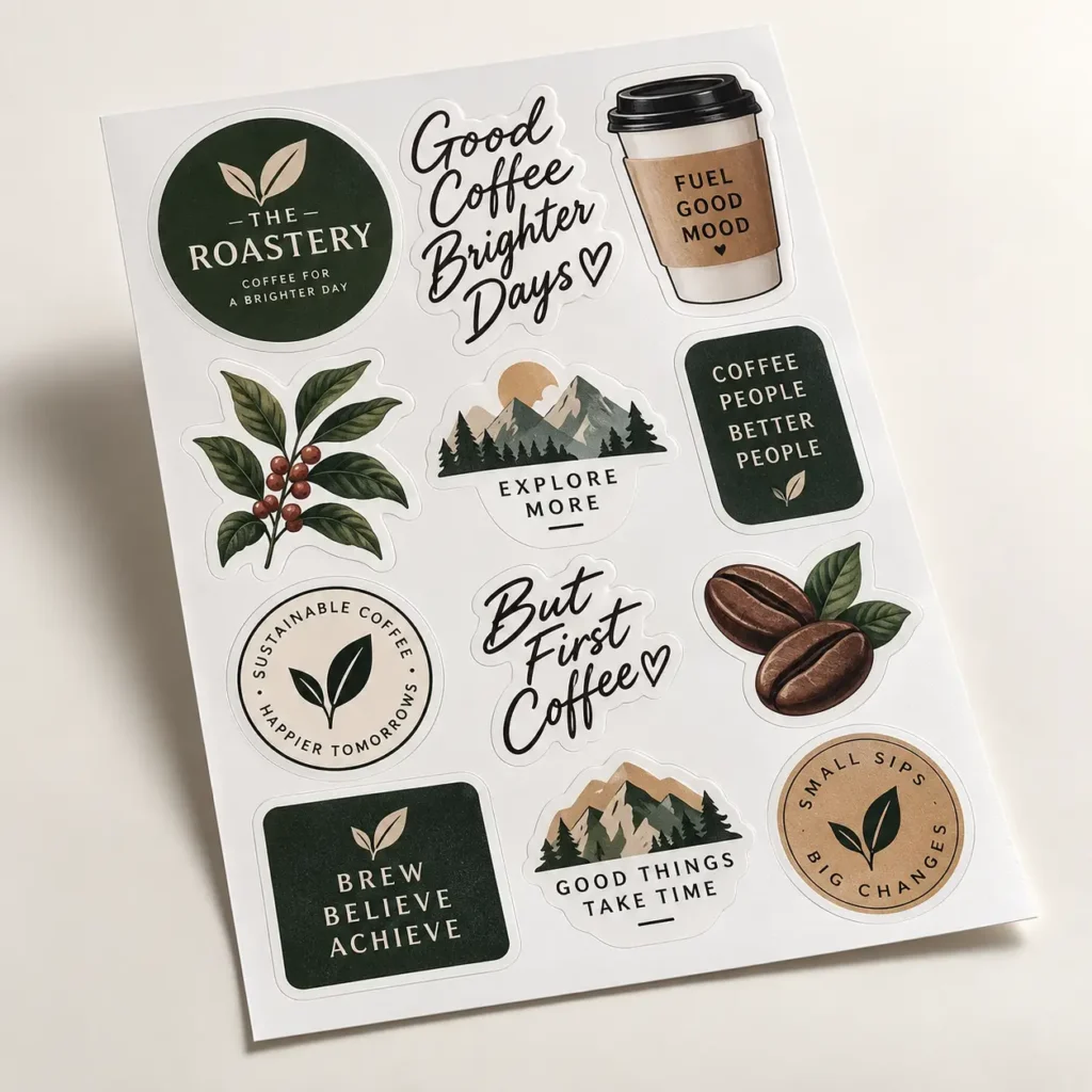 Coffee-themed sticker sheet with green, beige motivational quotes like But First Coffee and Brew Believe Achieve for custom packaging branding