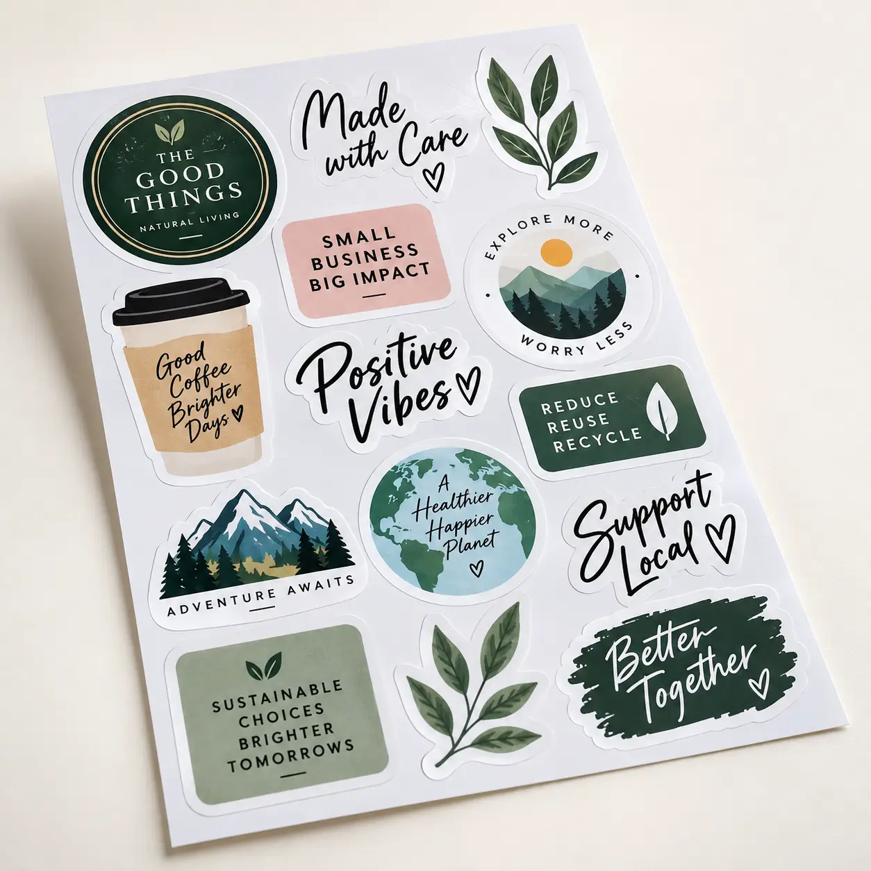 Green eco-friendly sticker sheet with motivational quotes, nature designs, and sustainability messages for custom packaging branding