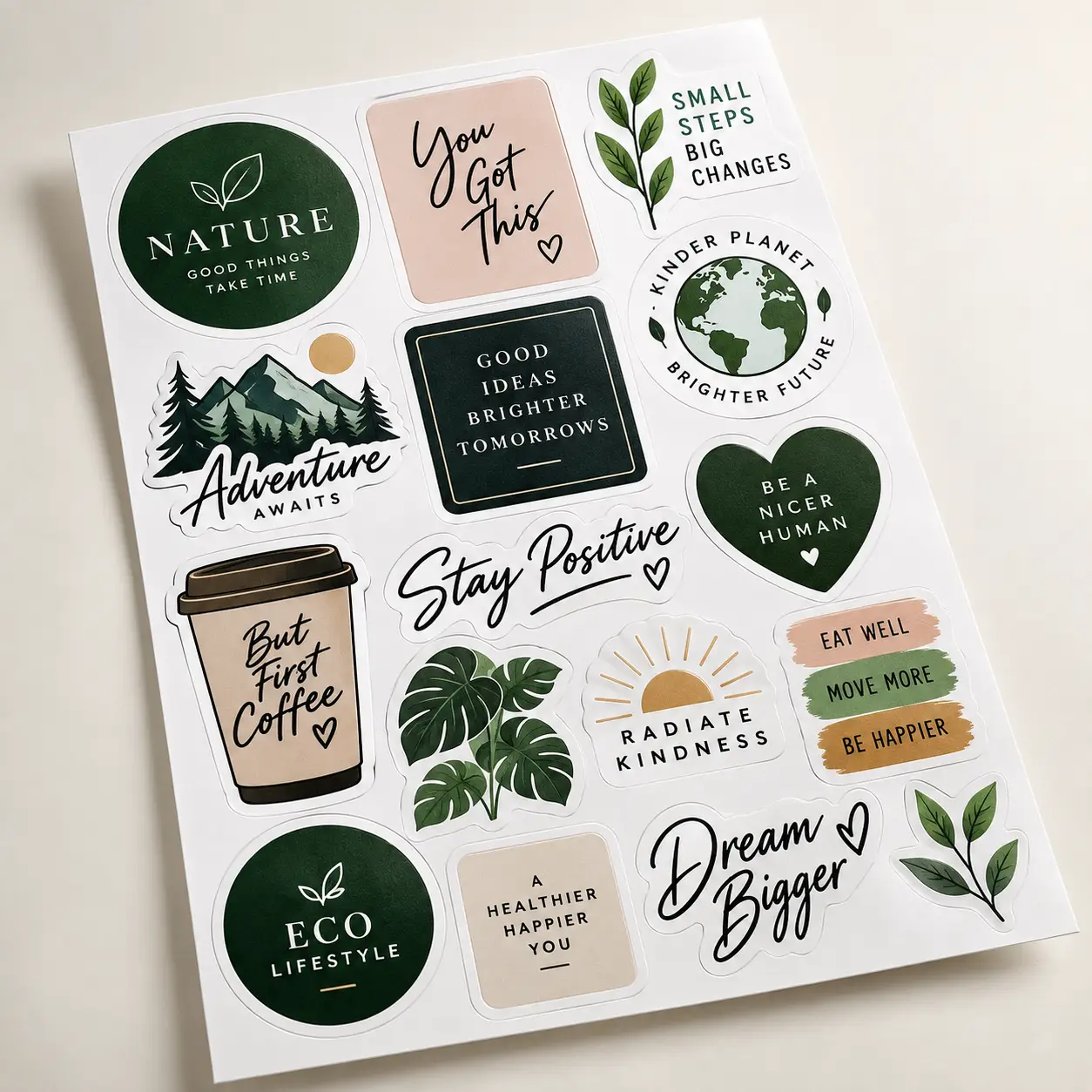 Green and beige motivational sticker sheet with nature, eco lifestyle, and positivity quotes for custom packaging design