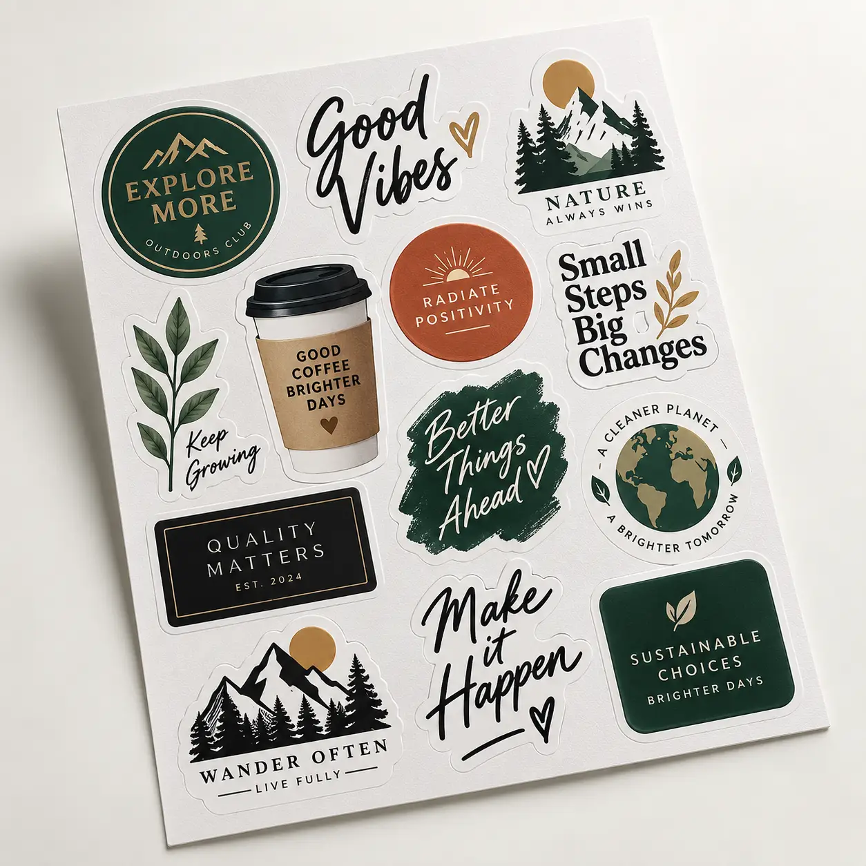 Custom sticker sheet with green nature, motivational quote stickers and coffee design printed by The Packaging Masters