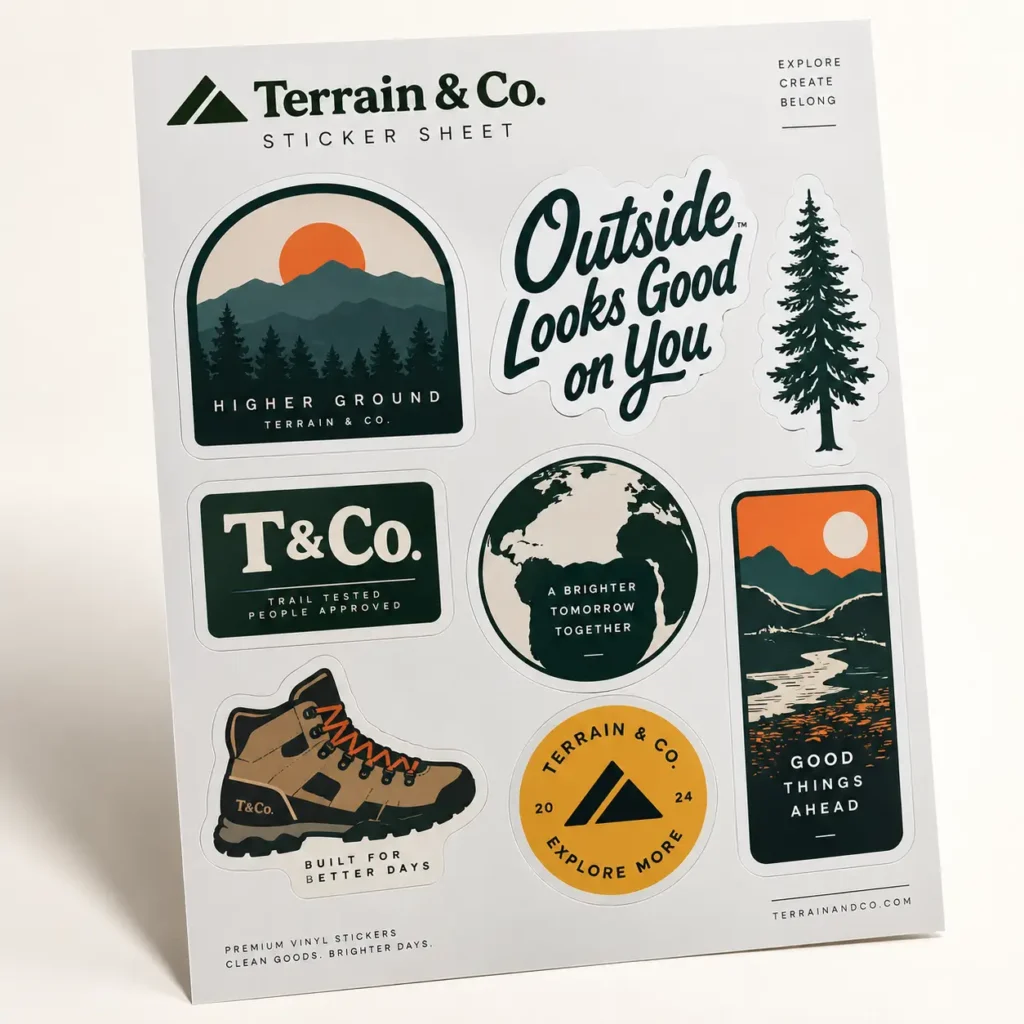 Terrain & Co. outdoor sticker sheet featuring hiking boot, pine tree, mountain, and globe designs in forest green and orange tones