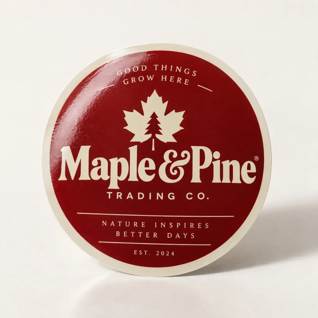 Red circular sticker badge for Maple & Pine Trading Co. with cream typography, maple leaf logo, pine tree, EST. 2024, nature branding