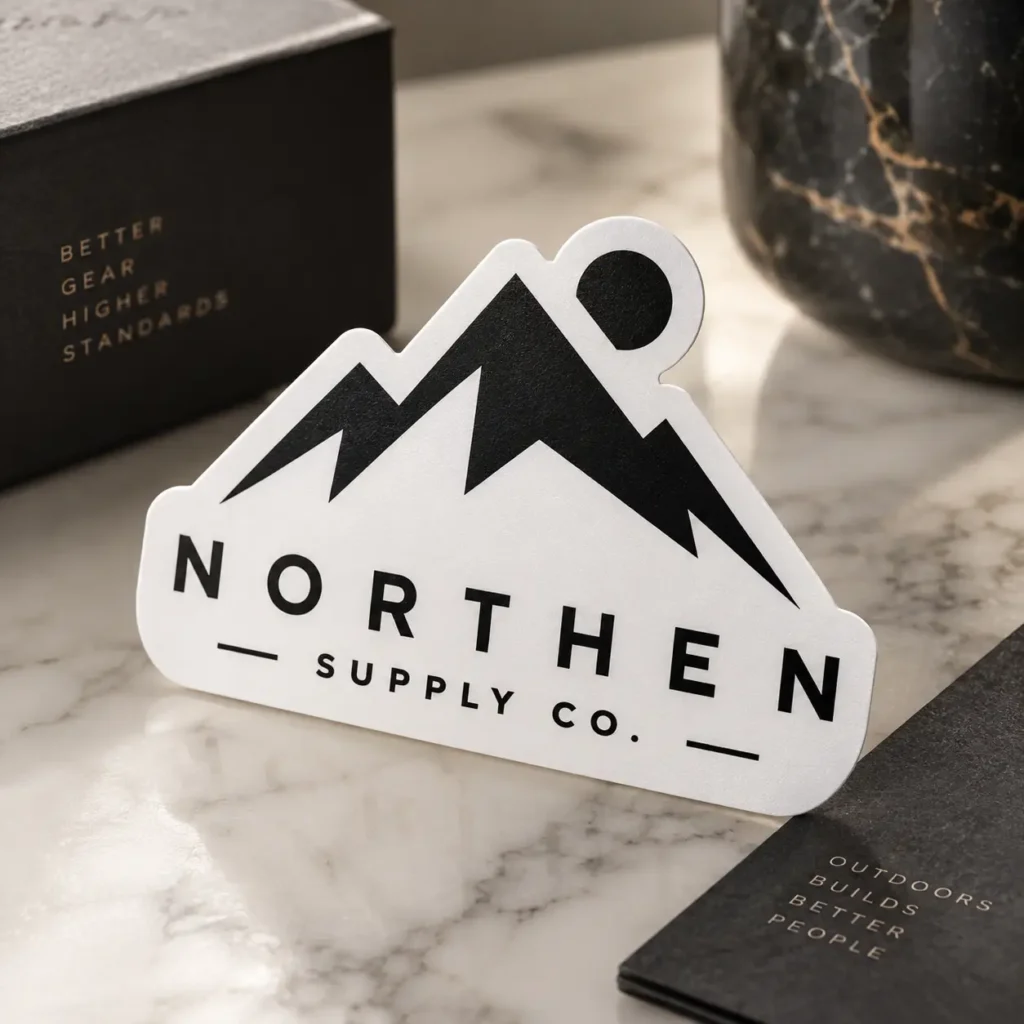 Black and white Northen Supply Co die-cut sticker on marble surface with branded packaging box and notebook