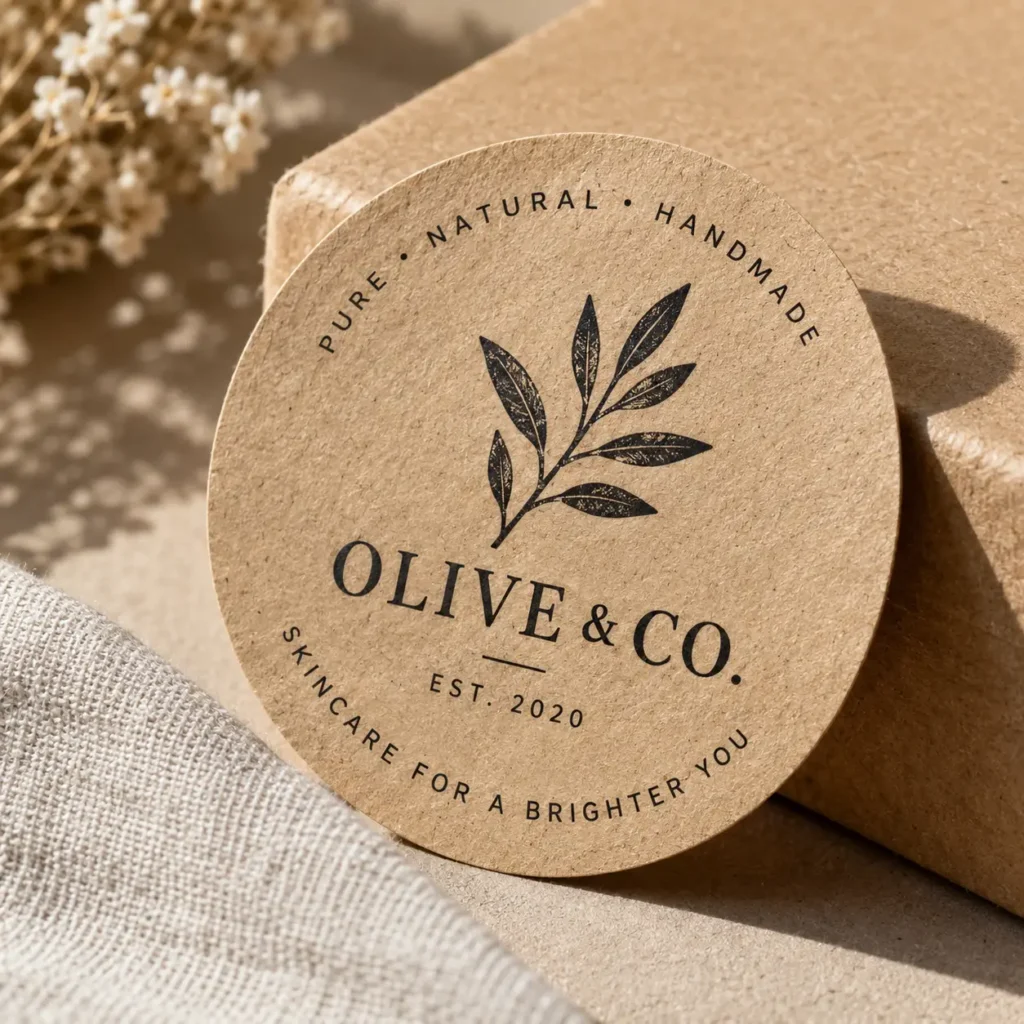 Kraft paper round sticker label for Olive & Co. skincare brand, EST. 2020, with olive branch design, natural handmade packaging