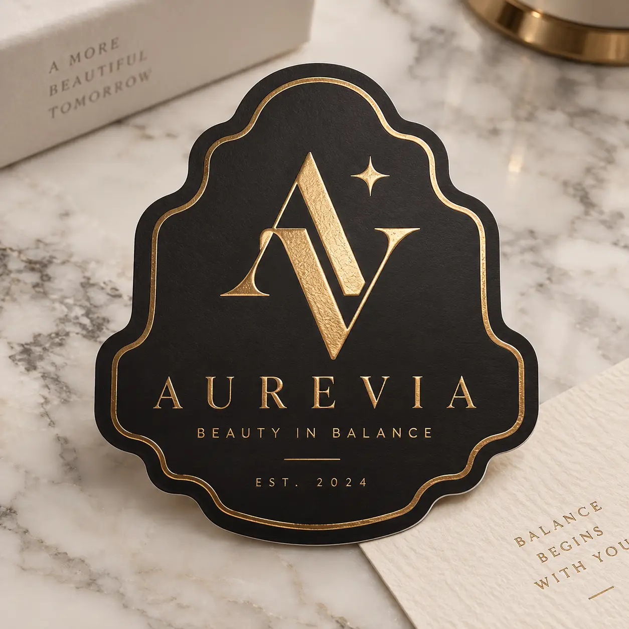 Aurevia luxury beauty brand black gold foil embossed logo badge on marble surface, EST 2024 custom packaging design