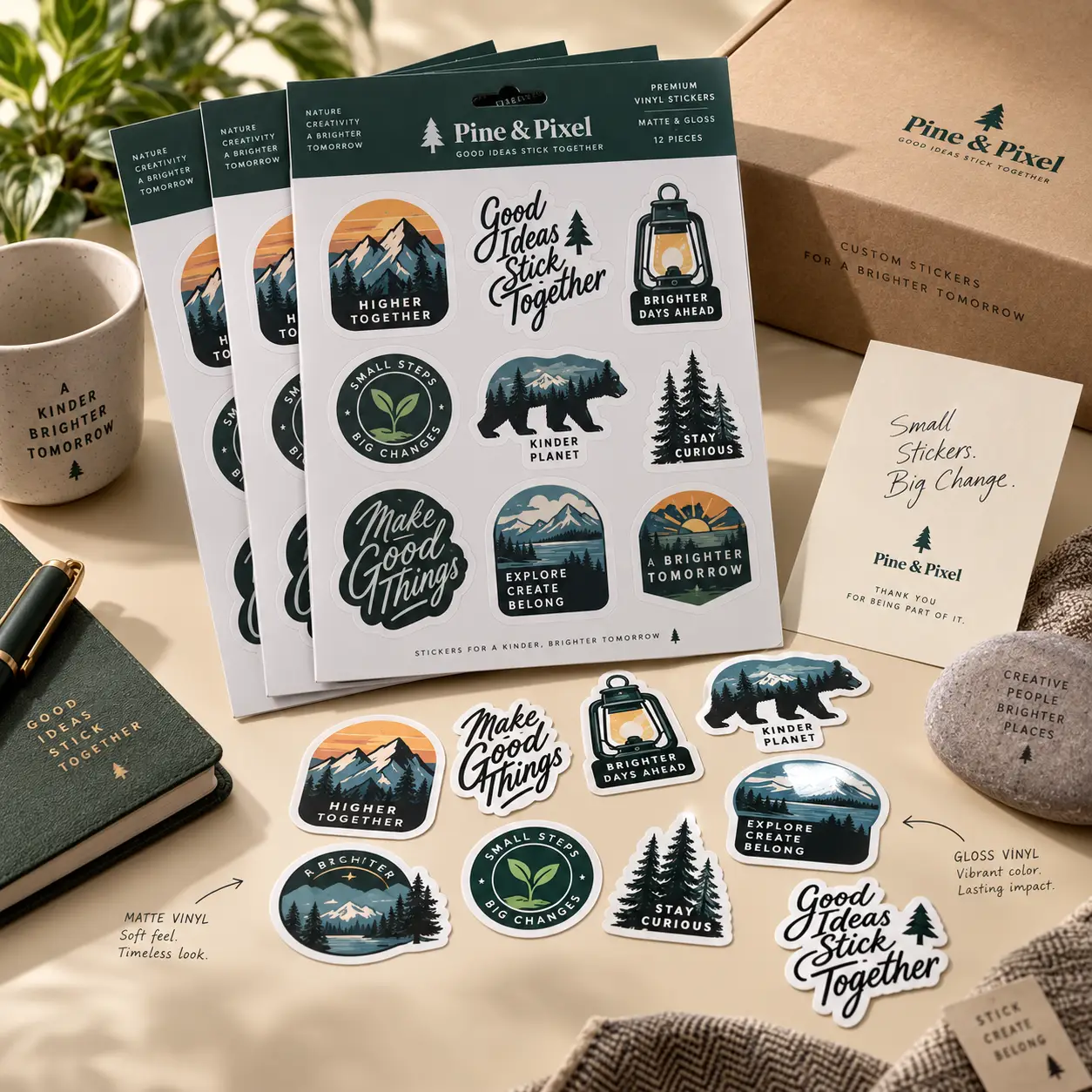 Pine & Pixel premium vinyl sticker pack sheets with nature-themed designs in dark green and gold tones, custom sticker packaging display