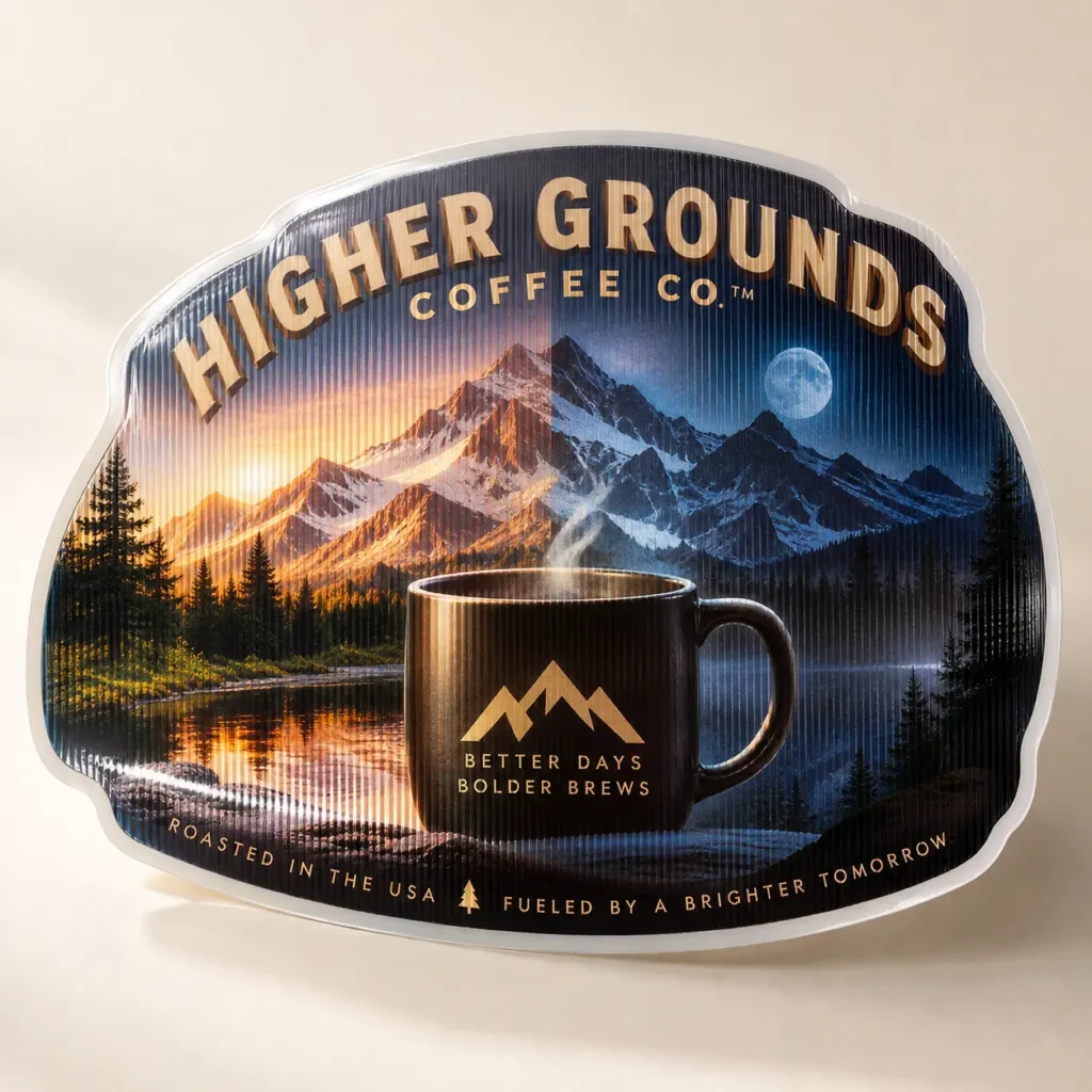 Higher Grounds Coffee Co. lenticular sticker featuring mountain landscape, steaming black mug, day-night scene, gold text, custom packaging design