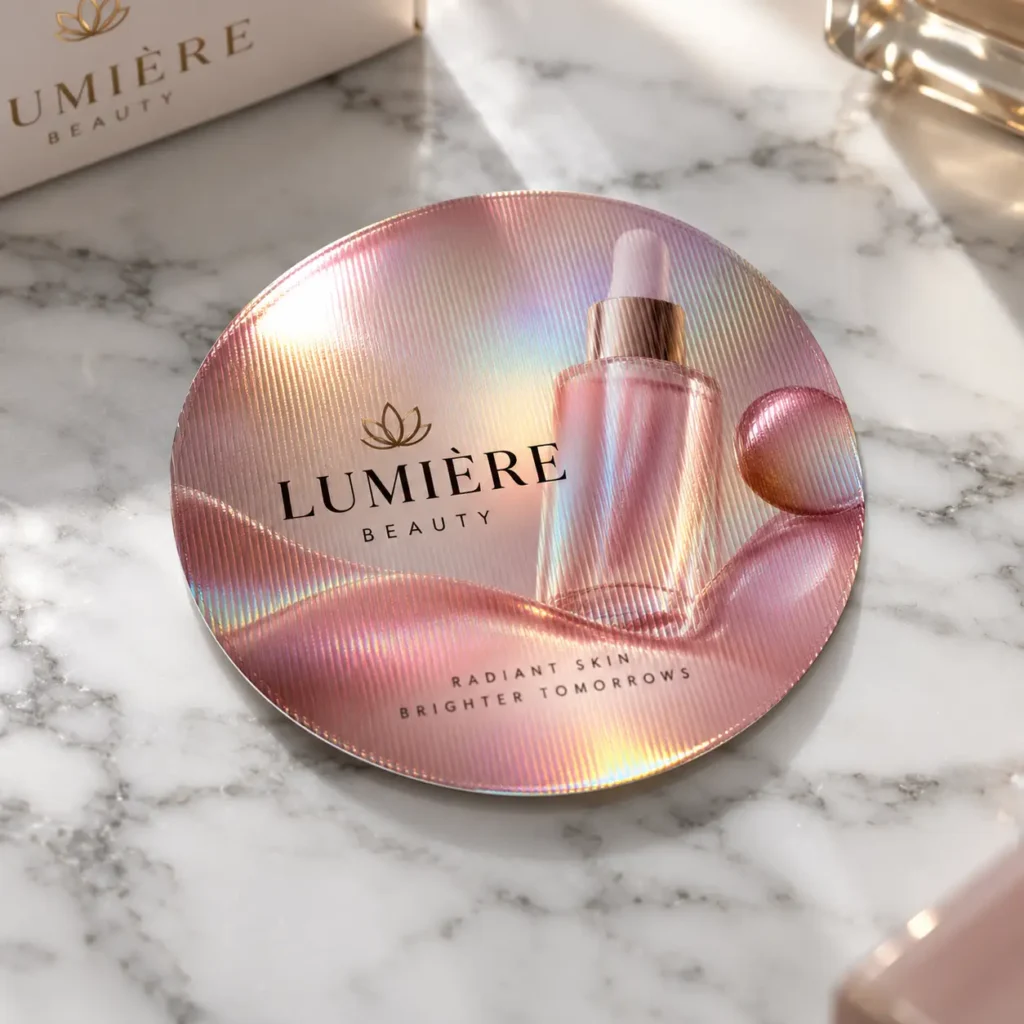 Lumière Beauty holographic pink round luxury cosmetic packaging with serum bottle and radiant skin tagline on marble surface