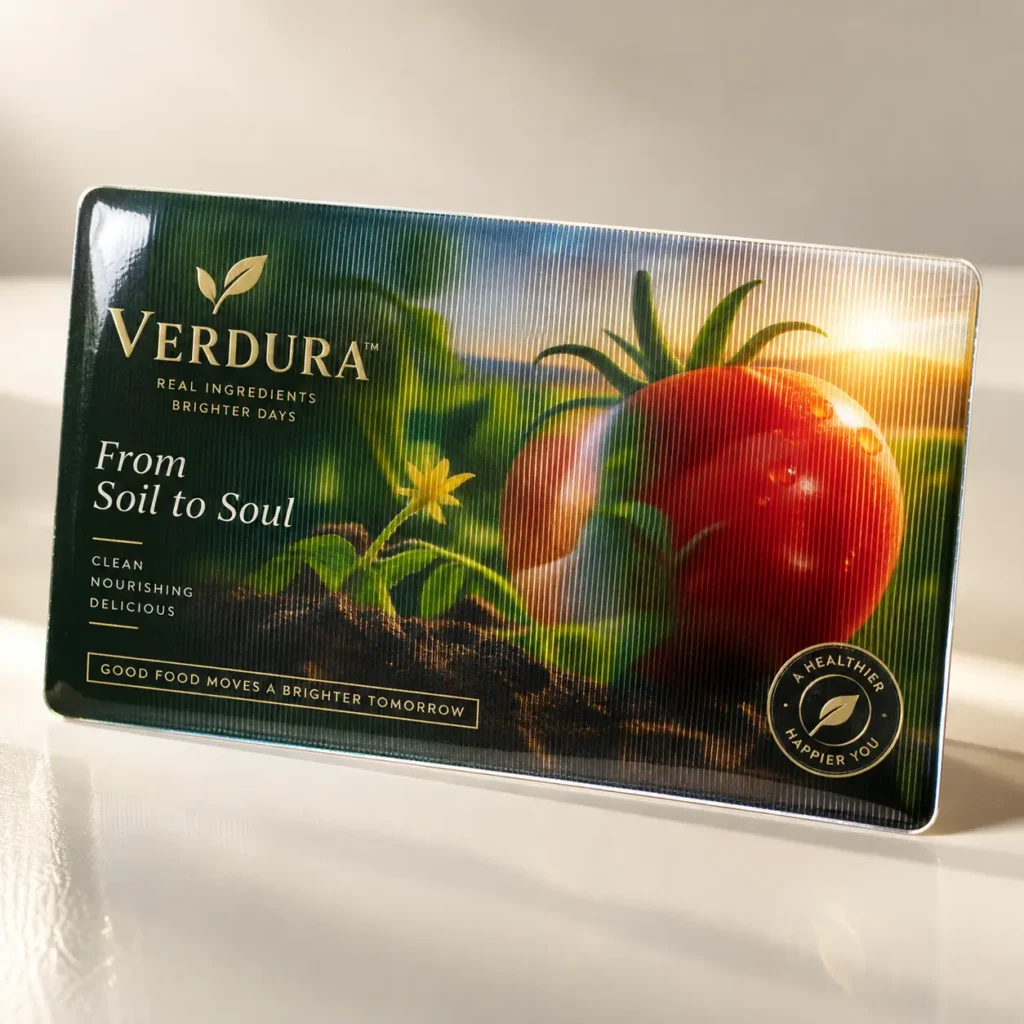 Verdura brand card with glossy lenticular finish featuring red tomato, green plants, gold logo, and From Soil to Soul tagline