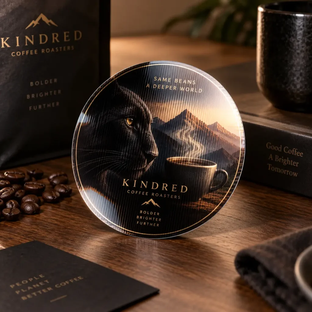 Kindred Coffee Roasters round lenticular packaging featuring black panther and steaming cup, gold typography, dark moody branding design