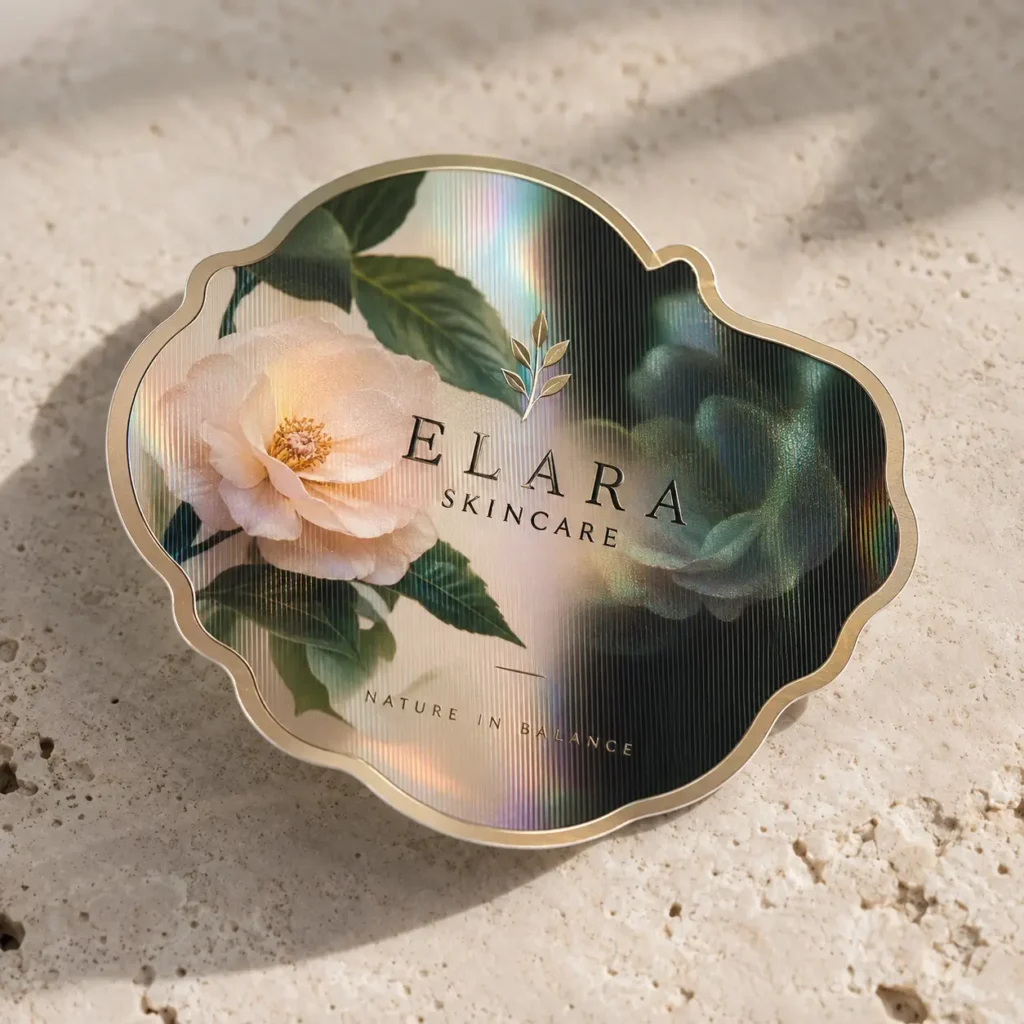 Holographic die-cut sticker for Elara Skincare featuring white peony, dark green foliage, gold border, and Nature In Balance tagline
