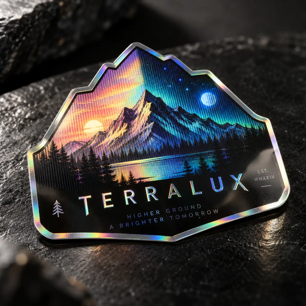 Holographic mountain sticker with sunset and starry sky, reading TERRALUX Higher Ground A Brighter Tomorrow, on dark rock
