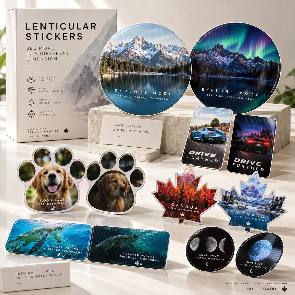 Premium lenticular stickers collection by The Packaging Masters featuring mountain, aurora, dog paw, maple leaf, ocean turtle, and moon designs