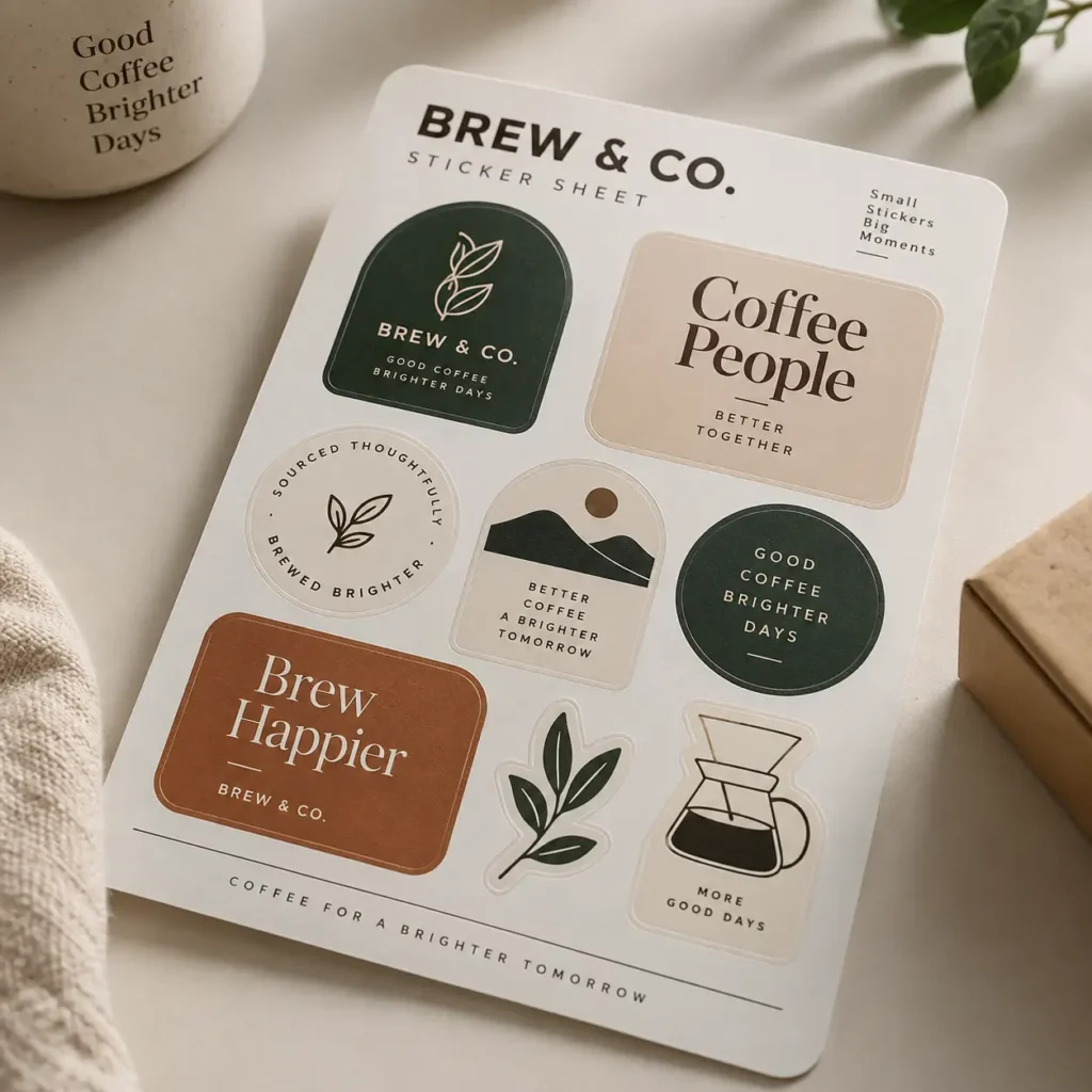 Brew & Co. coffee brand sticker sheet with earthy green, beige, and brown labels featuring café slogans and botanical designs