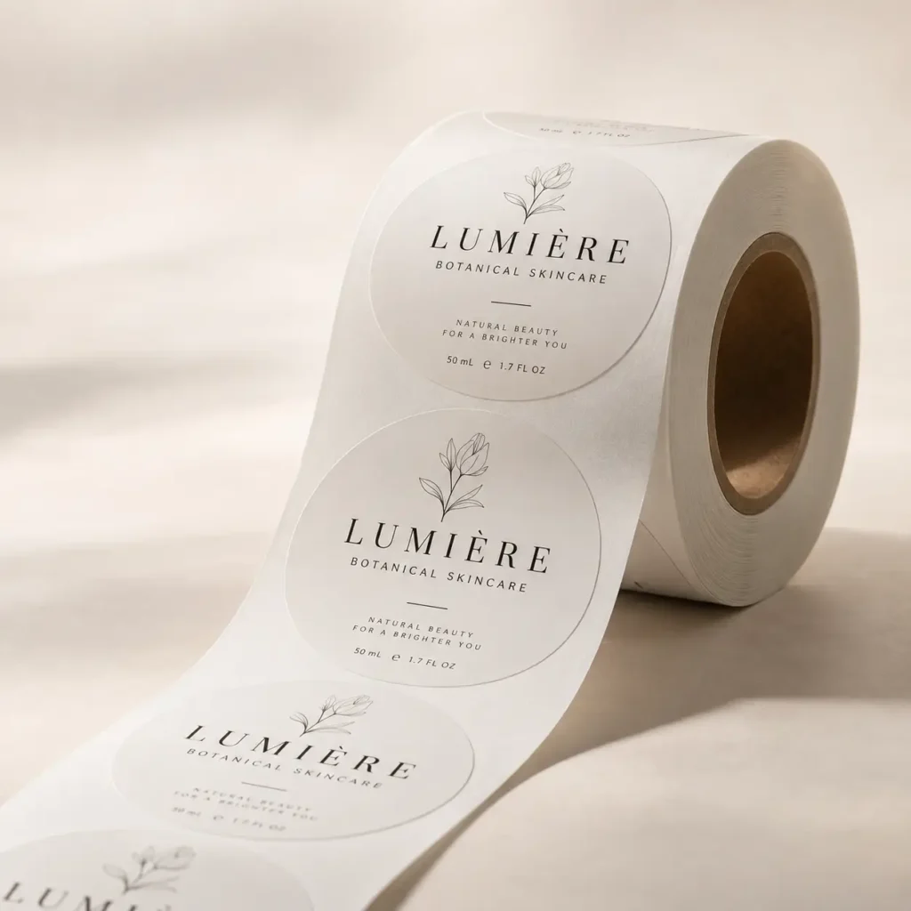 Round white custom product labels on a roll featuring elegant Lumière Botanical Skincare branding with botanical line art, beige background